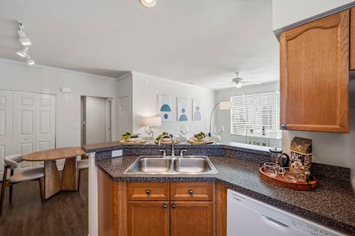 A kitchen with a sink, a dishwasher, and a counter.