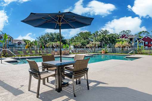 A table with chairs and an umbrella is in the foreground of a pool area.