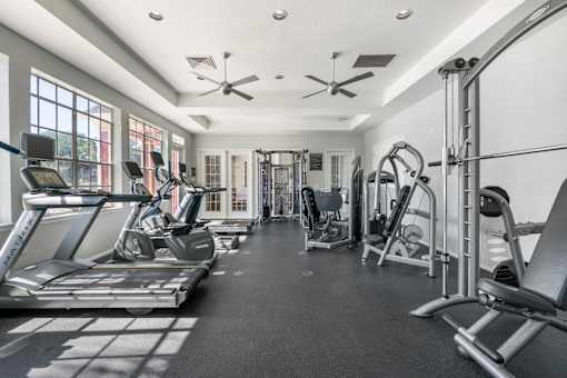 A spacious gym with treadmills, weights, and exercise equipment.