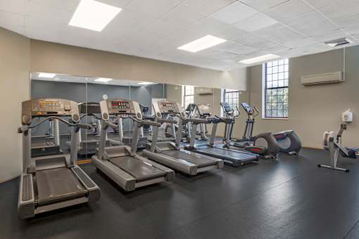 A gym with treadmills, elliptical machines, and other exercise equipment.