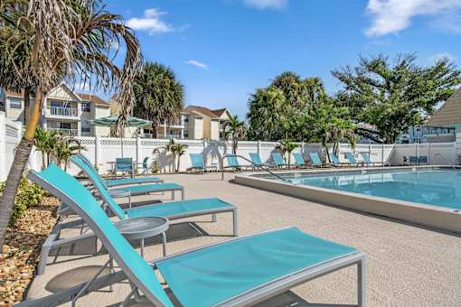 A pool area with sun loungers and a palm tree.