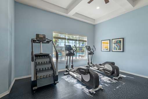 A home gym with a treadmill, elliptical trainer and a stair climber.