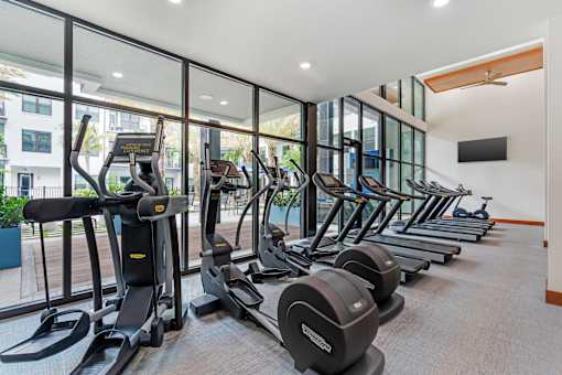 A gym with treadmills and elliptical machines.