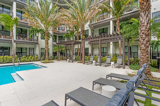 A pool surrounded by palm trees and lounge chairs.