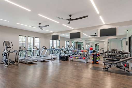A gym with treadmills, exercise bikes, and other equipment.