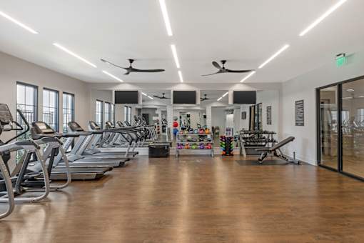 A gym with treadmills, exercise bikes, and other equipment.