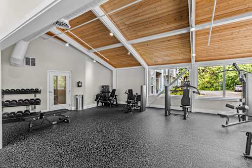 A spacious gym with a variety of equipment and a view of trees outside the window.
