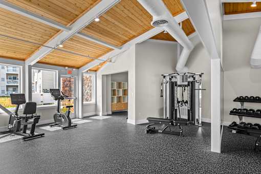 A gym with a variety of equipment including treadmills, weights, and a squat rack.