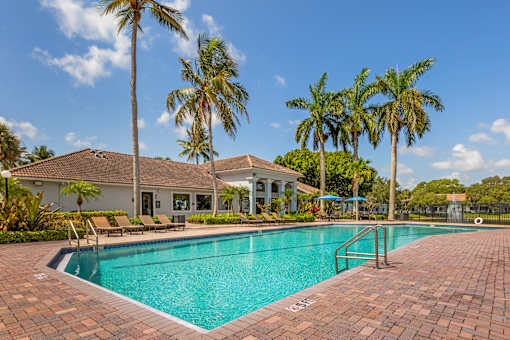 A swimming pool surrounded by palm trees and a house.