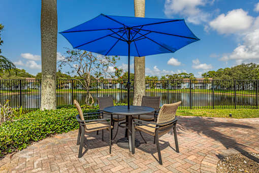 A blue umbrella shades a table with chairs around it.