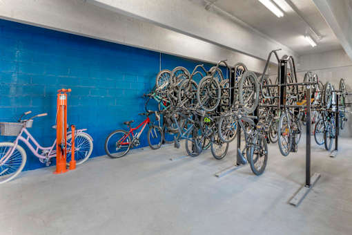A bike rack full of bicycles at Glenwood at Grant Park, Atlanta, GA 30316