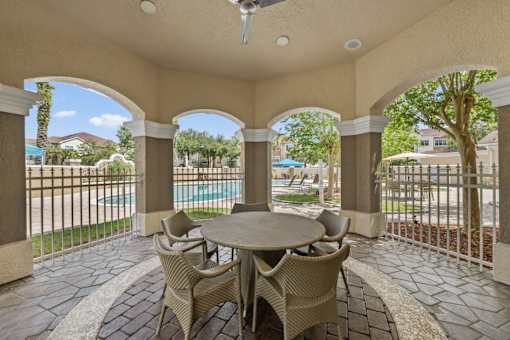 A patio with a table and chairs overlooking a pool.