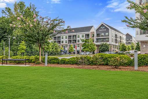 A grassy area in front of a building with the word "HAVEN" on it.