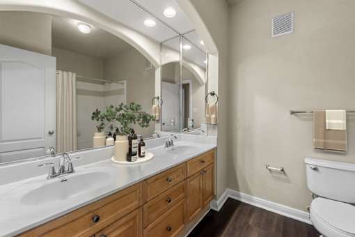 A bathroom with a white toilet and a large mirror above a double sink vanity.