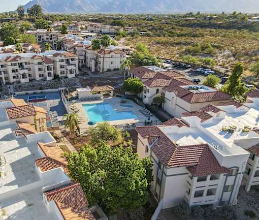 A bird's eye view of a residential area with a swimming pool.