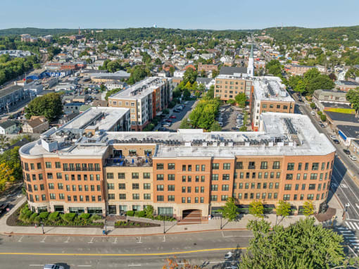 an aerial view of the administration building at The Merc, Waltham, MA, 02453