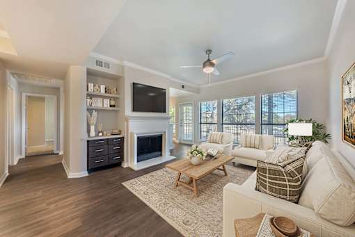 Living Room With Expansive Window at Sedona Springs, Austin, TX 78749