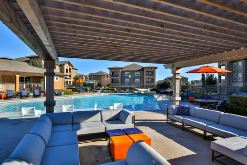 Poolside patio and lounge area at The Legend, Waco, TX, 76712