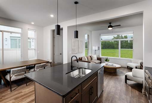 Kitchen counter and living room view at Aerie Blue Sage, Nebraska