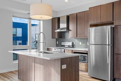 Kitchen with cabinets at Revel, Minnesota
