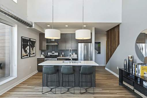Modern Kitchen with bar at Revel, Minneapolis, MN, 55408
