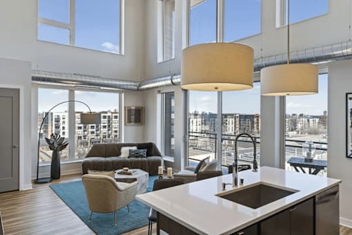 Kitchen with white counter at Revel, Minneapolis, Minnesota