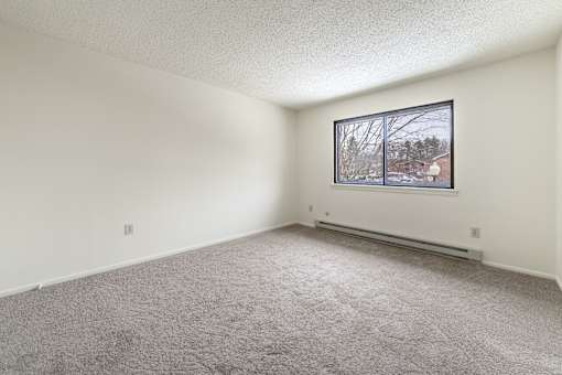 an empty room with carpet and a window