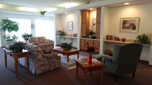 a view of a lobby with couches and a staircase