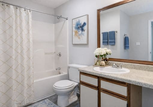 A bathroom with a toilet, sink, and shower.