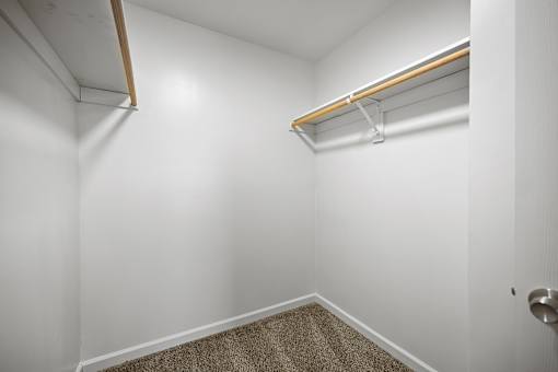 A white room with a carpeted floor and a white door.