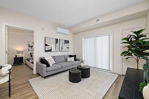 A living room with a grey couch and a white wall.