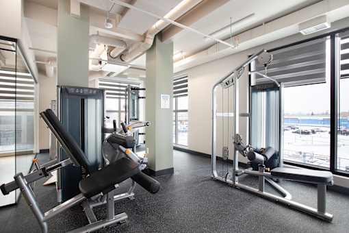 A gym with a row of exercise machines.