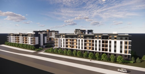 a rendering of a large building with balconies and trees at Vibe Apartments at Arbour Lake in Calgary
