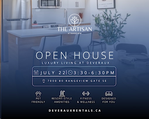 An advertisement for an open house event at The Artisan at Rangeview.