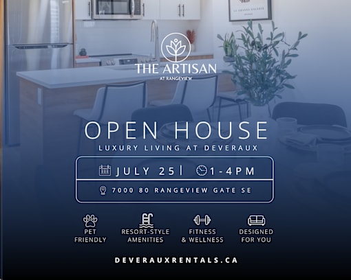 An advertisement for an open house event at The Artisan at Rangeview.