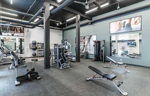 A gym with a variety of equipment including a rowing machine, a bench press, and a squat rack.