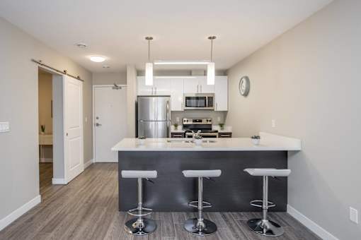 Interior - wide shot of kitchen.