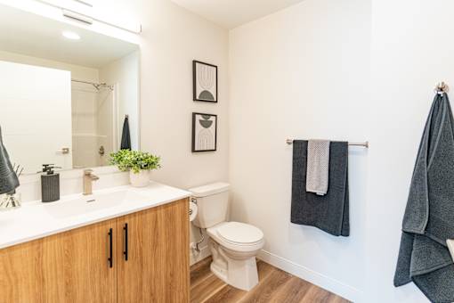 A bathroom with a toilet, sink, and towels.