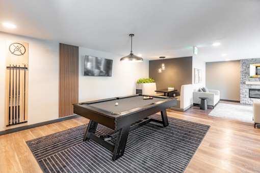A pool table is in the middle of a room with a chair and a plant.