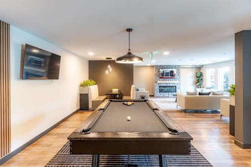 A pool table is in the middle of a room with a fireplace and a couch.