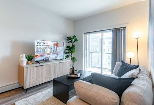A living room with a sofa, a television, and a plant.