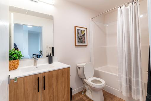 A bathroom with a toilet, sink, and a shower with a white curtain.