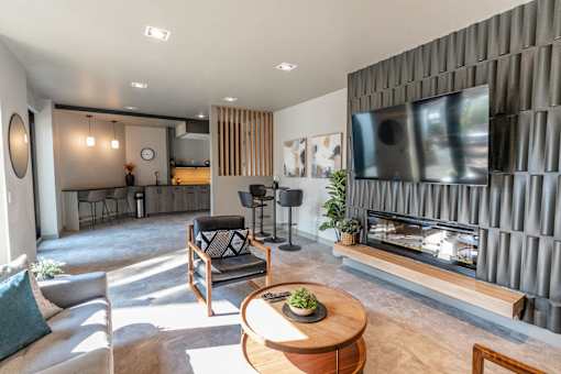 A modern living room with a fireplace and a television. at Raymond Block, Edmonton, AB