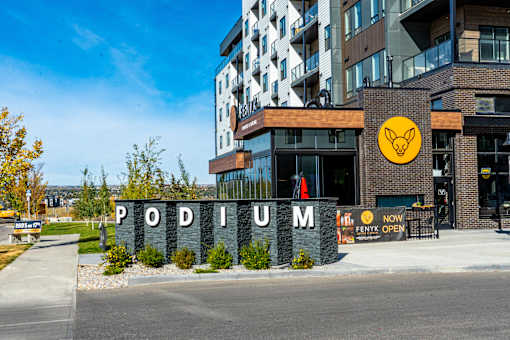 Property signage at Podium Apartments, Calgary, AB