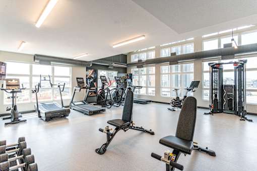 A gym with a variety of equipment including treadmills, weights, and exercise machines.