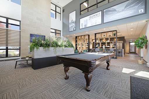 A room with a pool table and a plant on the side.