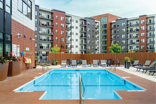 A large swimming pool at Latitude 49 Townhomes, Winnipeg