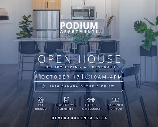 An advertisement for Podium Apartments showcasing their open house event.