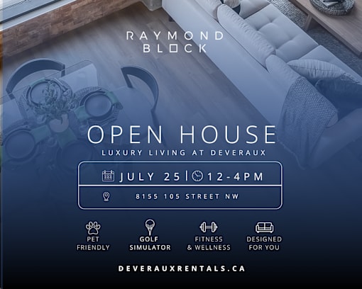 A promotional image for an open house event at Raymond Block, highlighting luxury living and amenities.