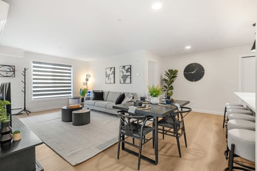 Living room and dining area with table, chairs and sofa
